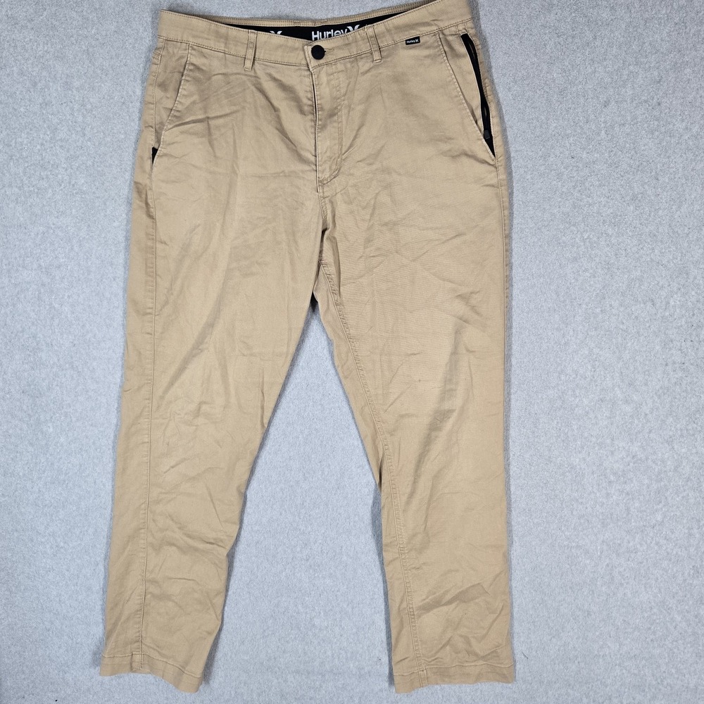 Hurley Men Pants 34 Khaki Tech Chino Performance Zipper 30" Inseam Logo Stretch